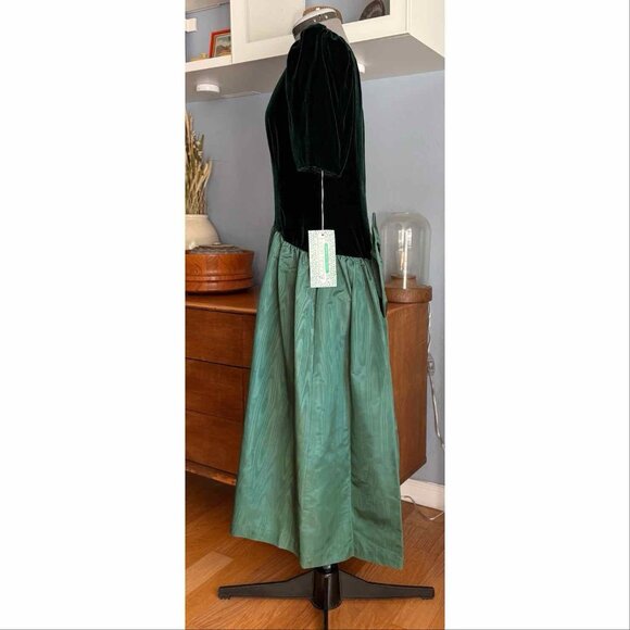 Vtg 80s Jane Schaffhausen Belle France Green Velvet & Taffeta Midi Dress Bk Bow - Picture 2 of 8